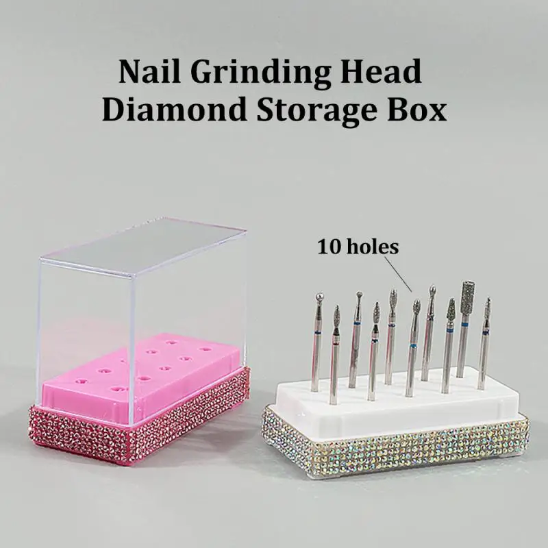 

Держатель для инструментов для дизайна ногтей, 10 отверстий с накладными блестящими алмазными сверлами для ногтей, коробка для хранения, органайзер для полировки ногтей, шлифовальная головка, чехол