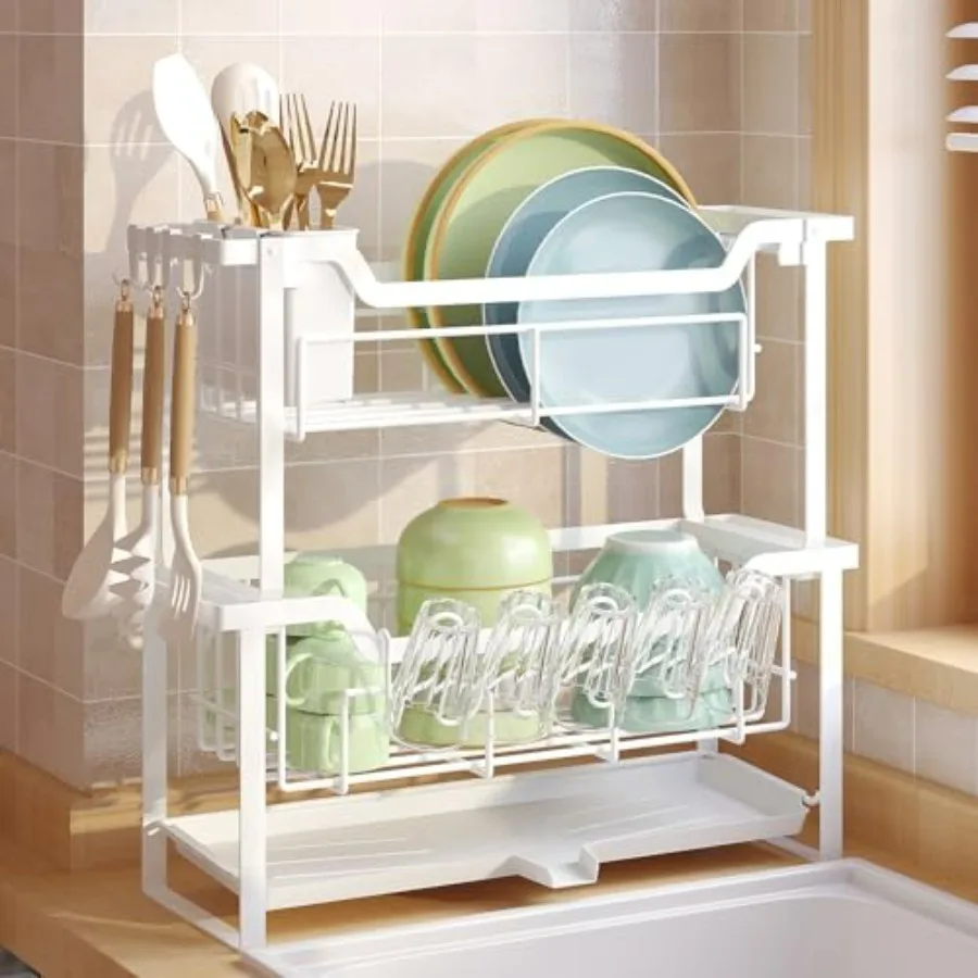 

Dish Rack with Drainboard, Organizes Dishes and Bathroom Items for Narrow Spaces, Two-Story Drying Rack Fits 12 Plates 12 Bows 5