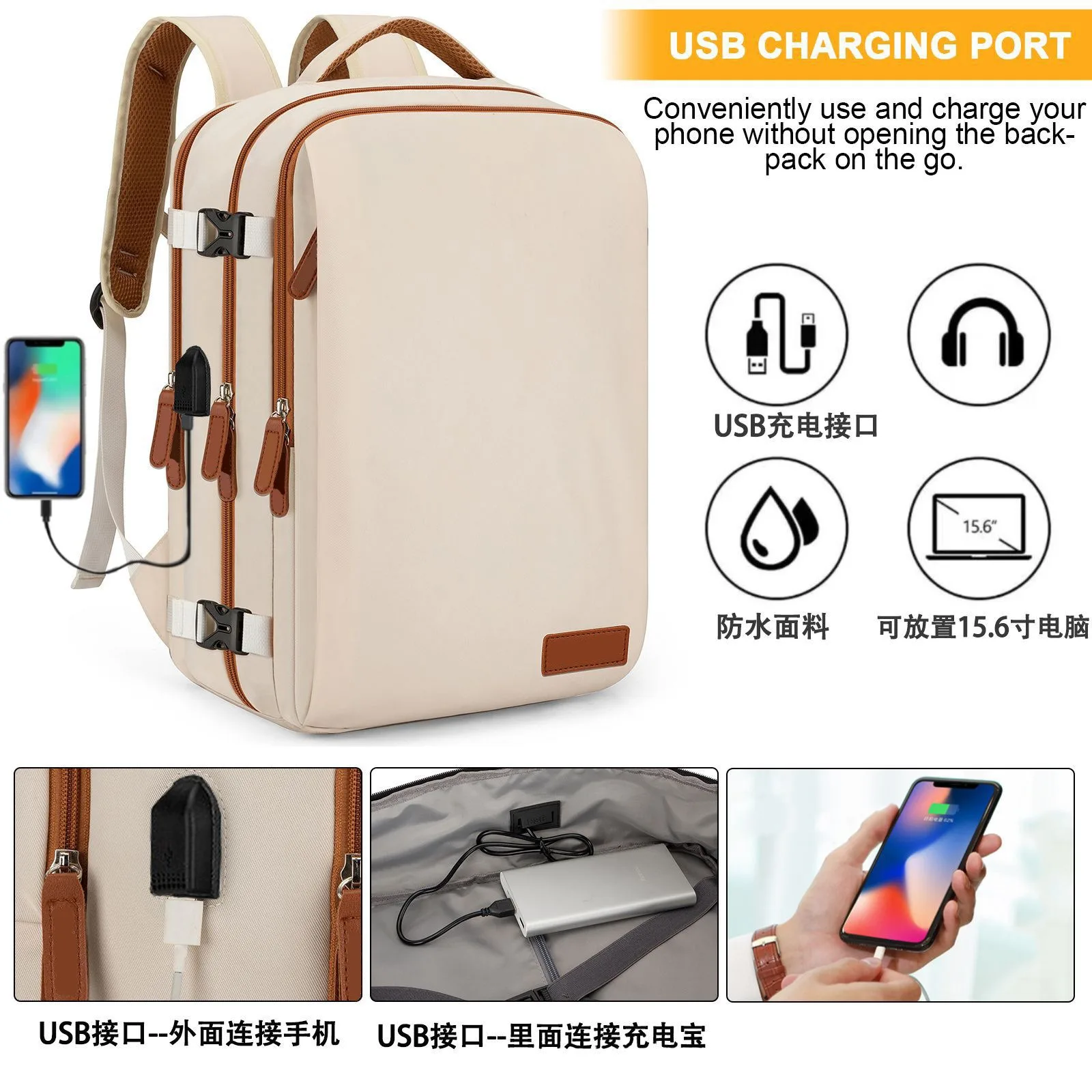 Mochila de Viagem Expansível Impermeável para Homens e Mulheres, Cabine, Avião, Weekender, Laptop, Porta USB, Ryanair, Carry-On, 40x20x30