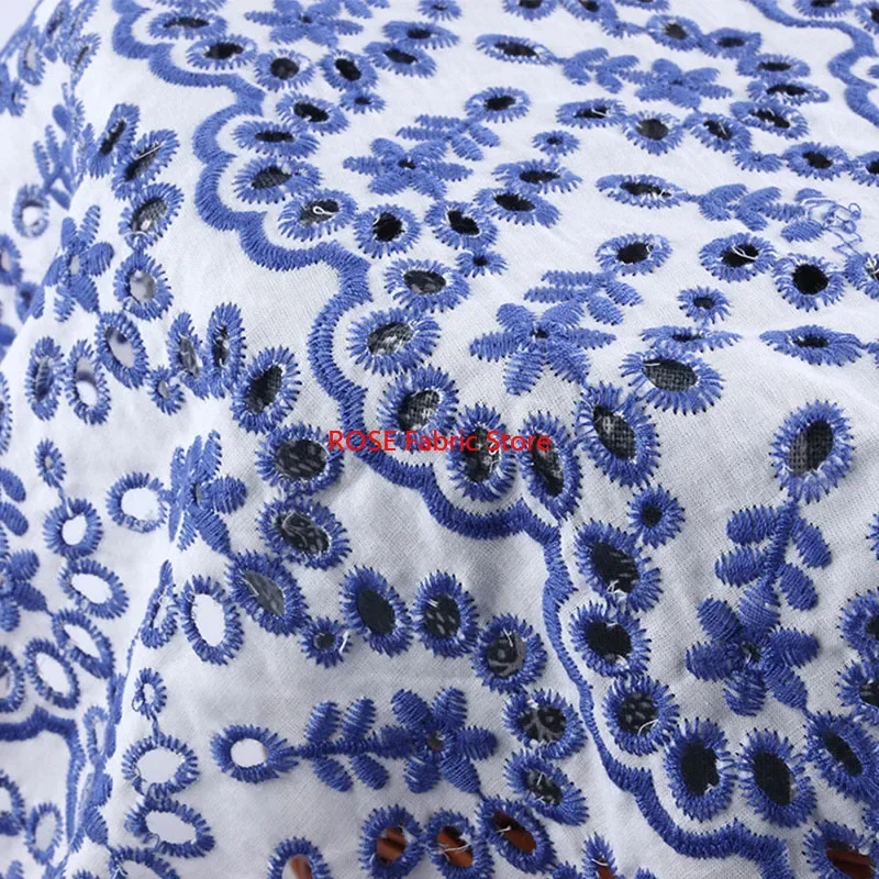 Retro blue flowers Hollow Embroidered Chiffon Fabric For Wedding Dress, skirt, tops, tabletop, pillowcase,  Clothing DIY Fabric