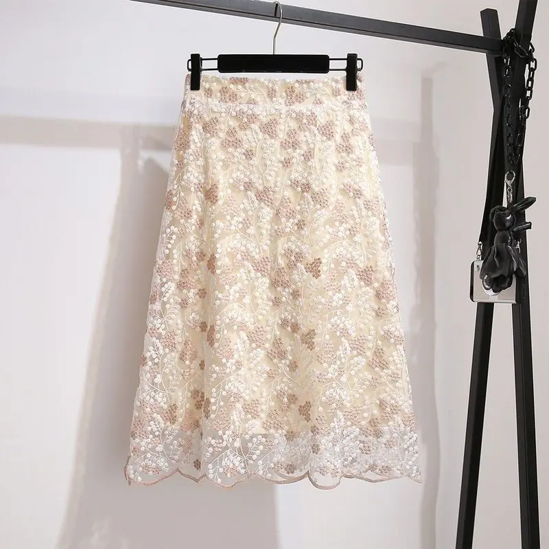 

Sweet Versatile Summer New Women's Floral Lace Fashion Temperament Elegant High Waisted Elastic Fitted Mid Length A-line Skirts