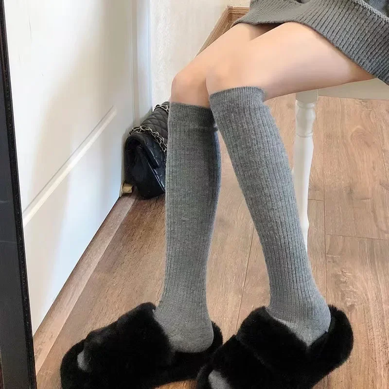 Lolita Accessories  Autumn and Winter Women's Knitted Socks Solid Color Vertical Bar Warm Knee Length Socks Harajuku Fashion image 5