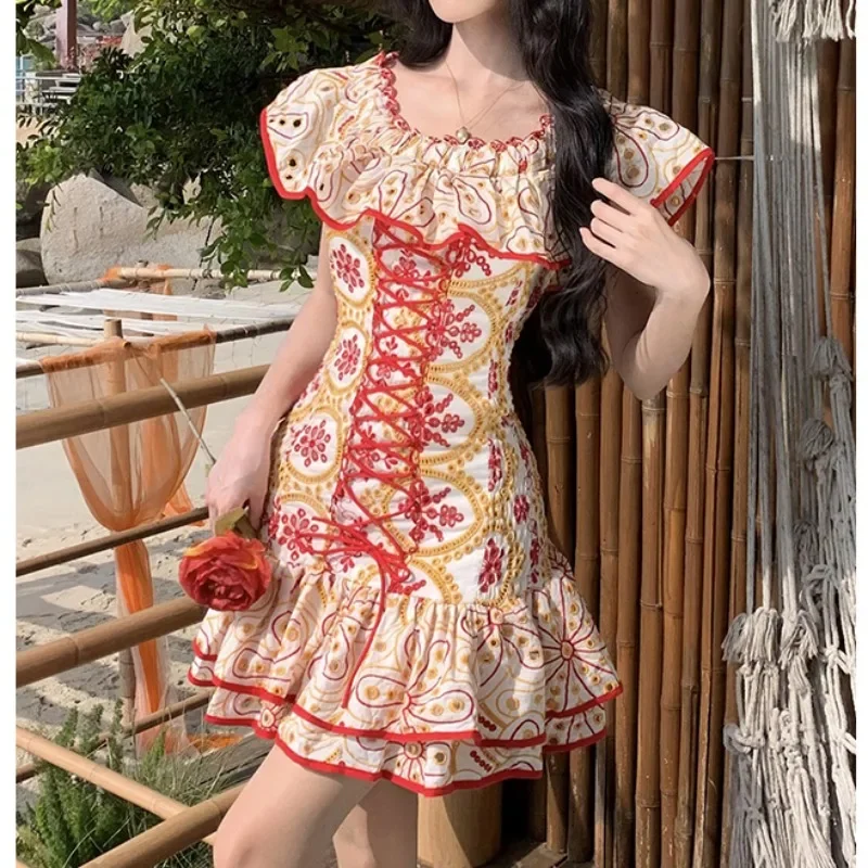 

Red Flora Embroidery Dress Women Summer Vacation Slash Neck Vintage Women's Clothing Bandage Luxury Design Vestidos Ladies