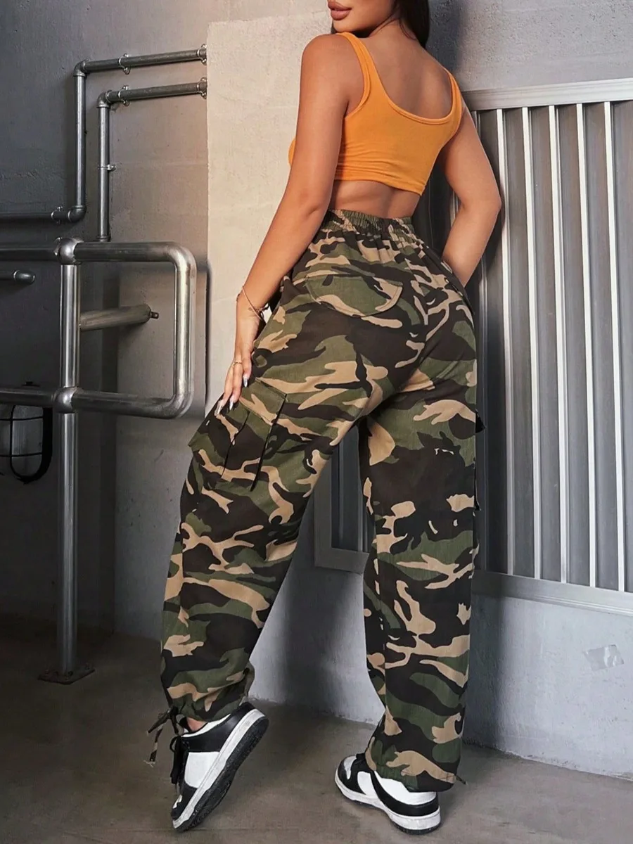 LW Camo Print Drawstring Cargo Pants Retro High Street Casual Overalls Camouflage Loose Wide Leg Pants For Women Trousers