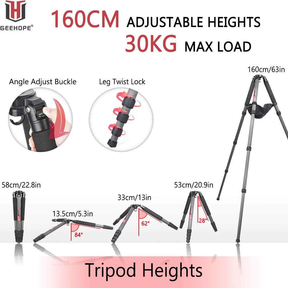 B560C Carbon Fiber Tripod 40mm Tube Professional Heavy Duty Tripod 30kg Load Bowl Tripod for DSLR Camera Shooting Birdwatching