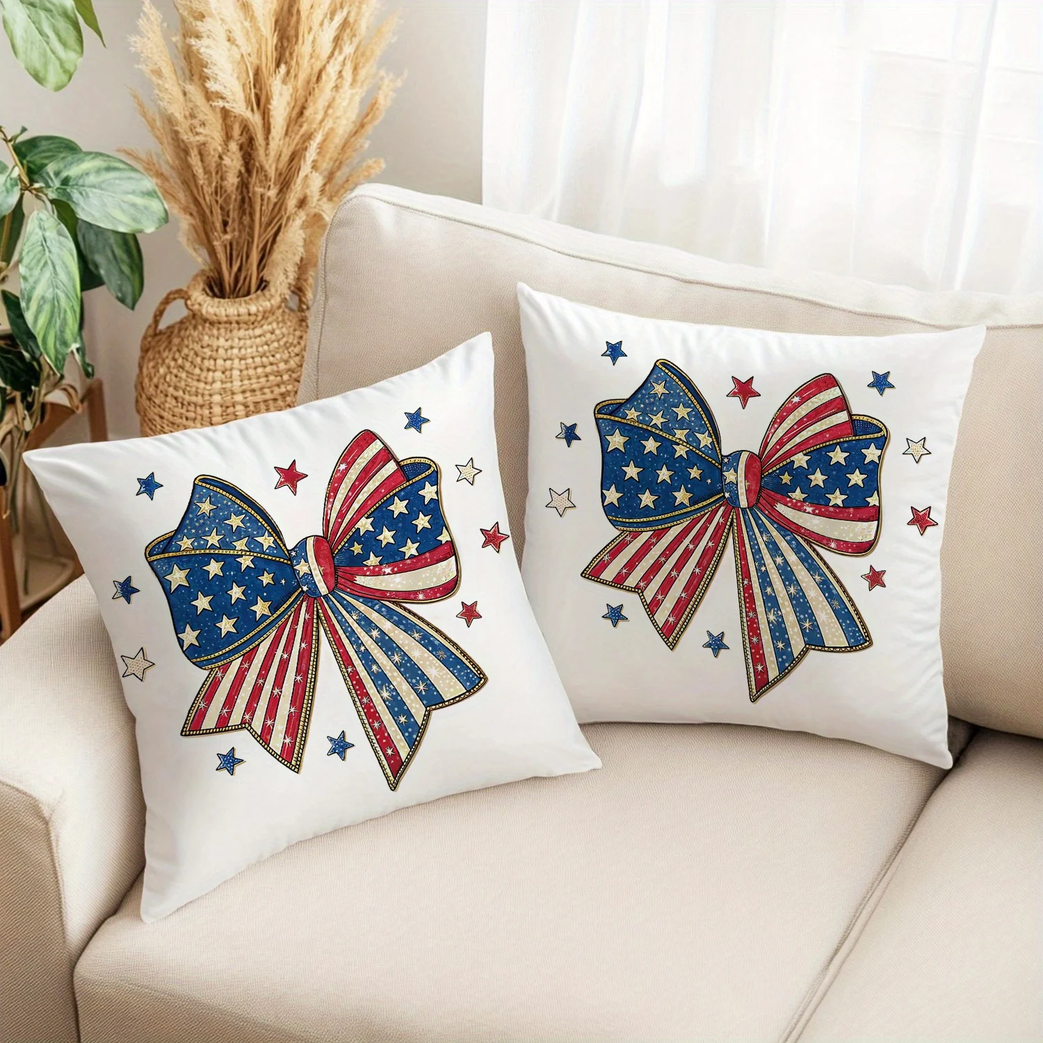 

Set of 2 18x18 Inch Patriotic Bow Pillow Covers, American Stars Stripes for 4th of July Farmhouse Sofa, No Inserts