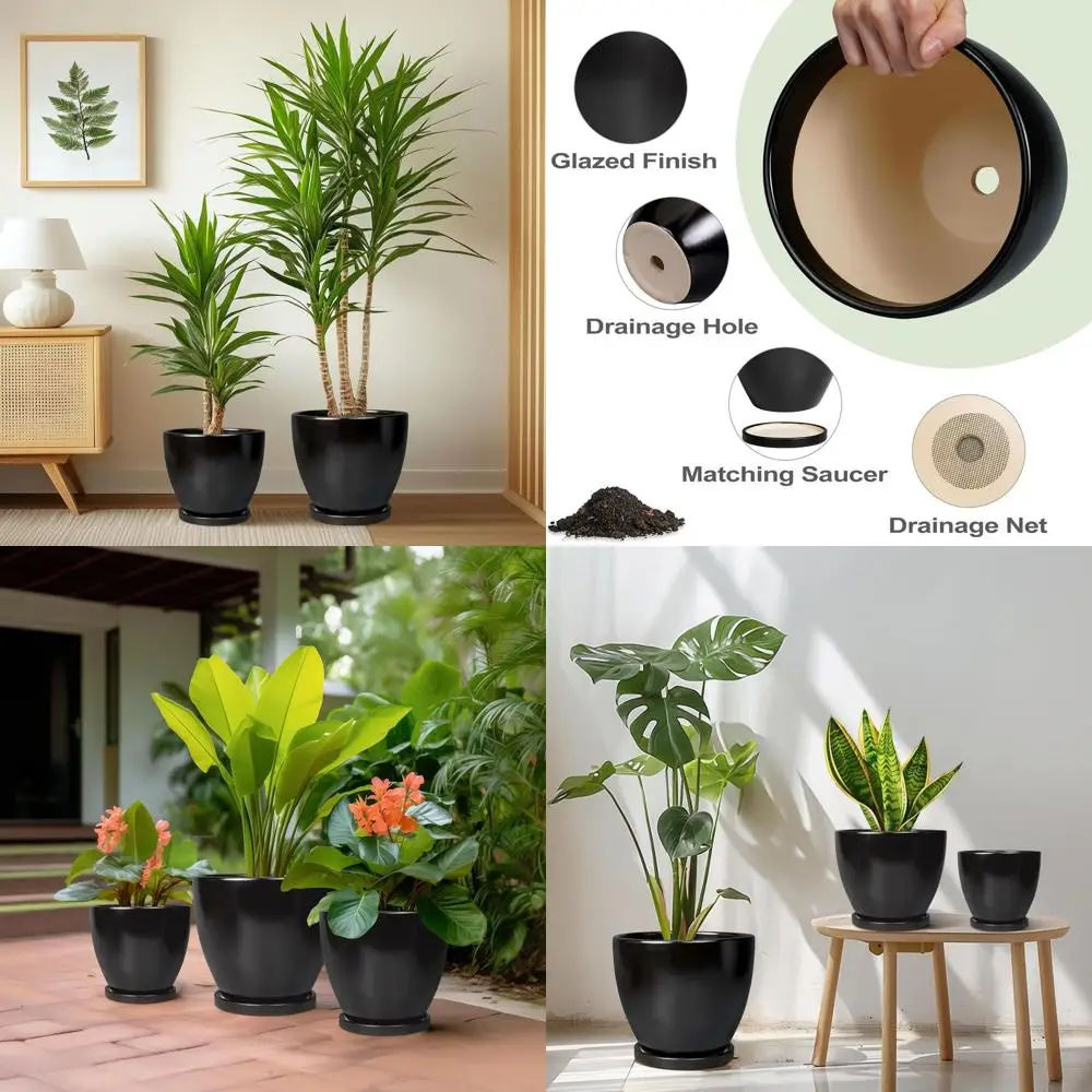 

Modern Round Plant Pots Set of 3 - 10, 8, and 6 Inch Sizes for Indoor/Outdoor Use with Drainage and Saucers, Ideal for Home and