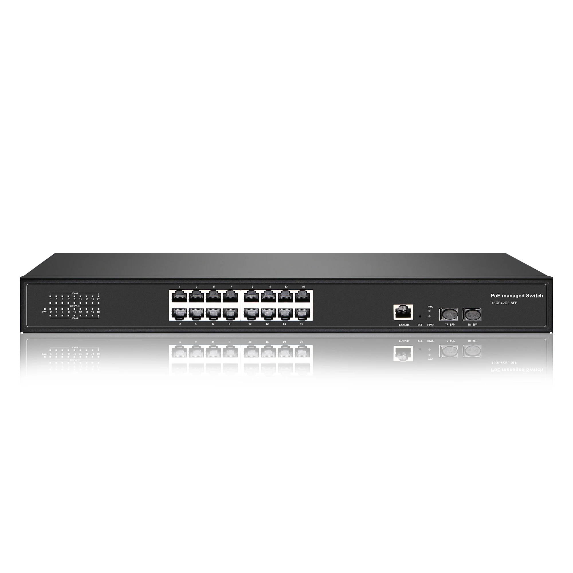 

16-port 10/100/1000Mbps L2 Managed PoE switch with 2 optic fiber SFP uplink for IP Camera/IP phone