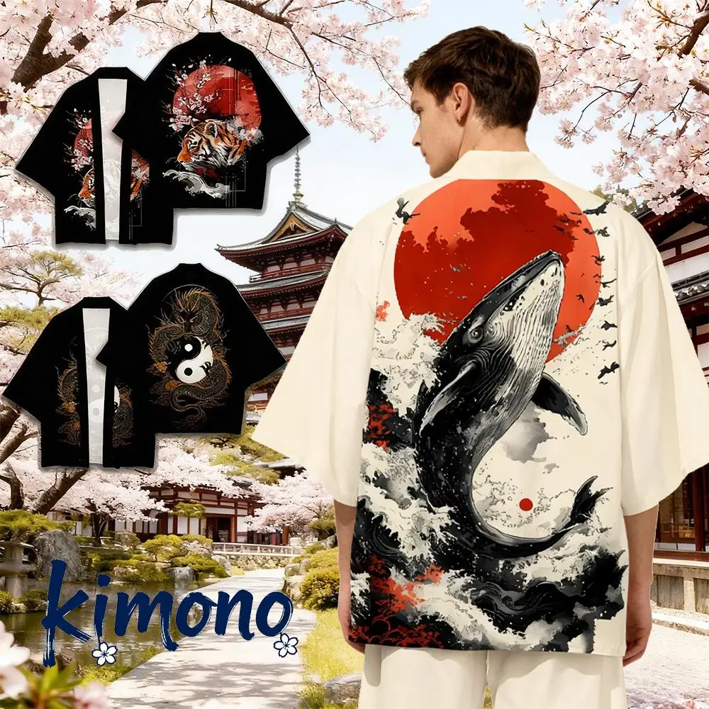 

Japanese Traditional All-over Print Kimono Harajuku Casual Vacation Beach Cardigan Yukata Tiger Koi Whale Animal Print Clothes