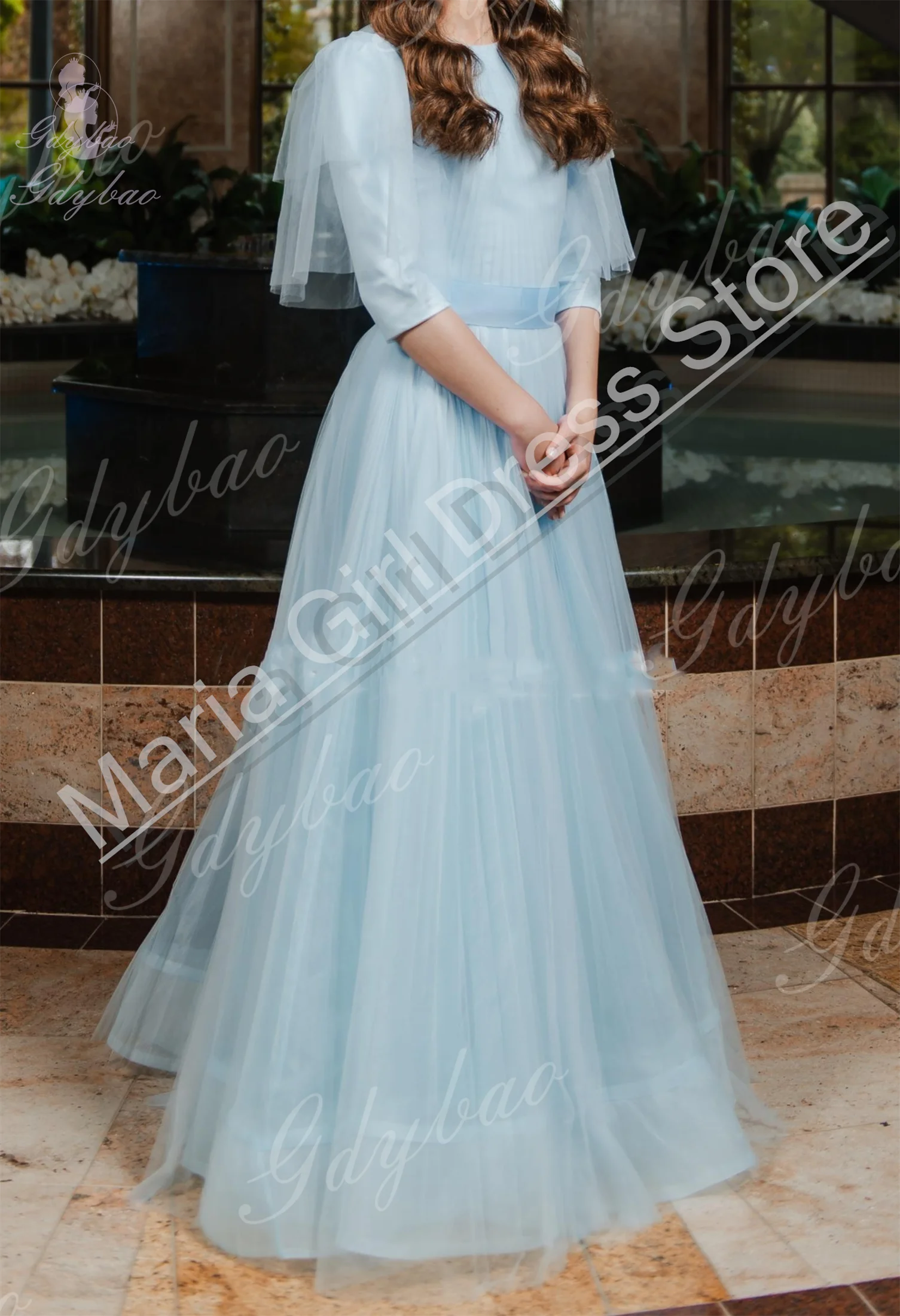 Custom Light Blue Stunning Flower Girl Dress Mesh Half Sleeve First Communion Formal Event Teen Evening Dress