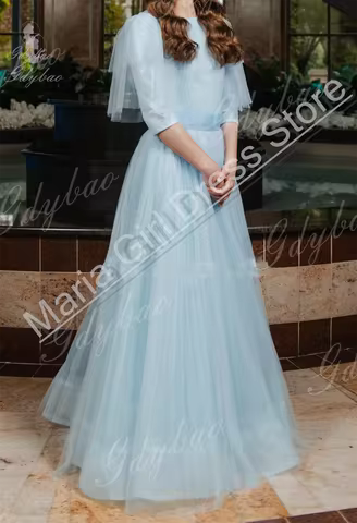 Custom Light Blue Stunning Flower Girl Dress Mesh Half Sleeve First Communion Formal Event Teen Evening Dress