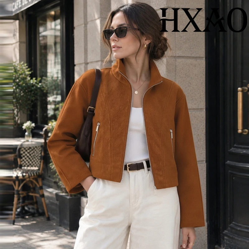 HXAO Faux Suede Jacket Coat Zip Up Cropped Jacket Autumn Women Fitted Going Out Long Sleeve Bomber Jackets Fashion Outerwear