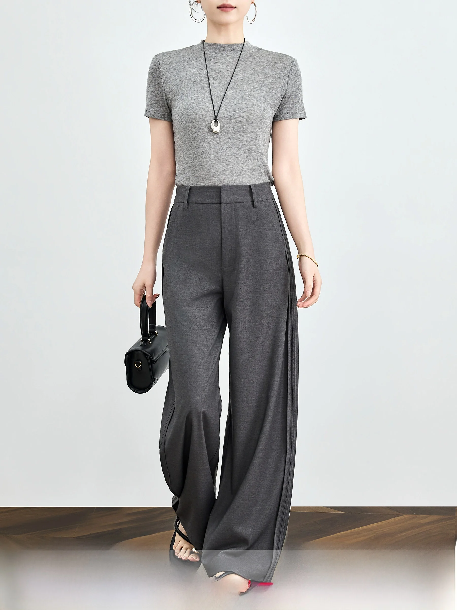 

Elegant Grey Commute Suit Pants Women's Summer Thin Wide Leg Straight Cut Loose Fit Trousers High Waist Zipper Formal Casual