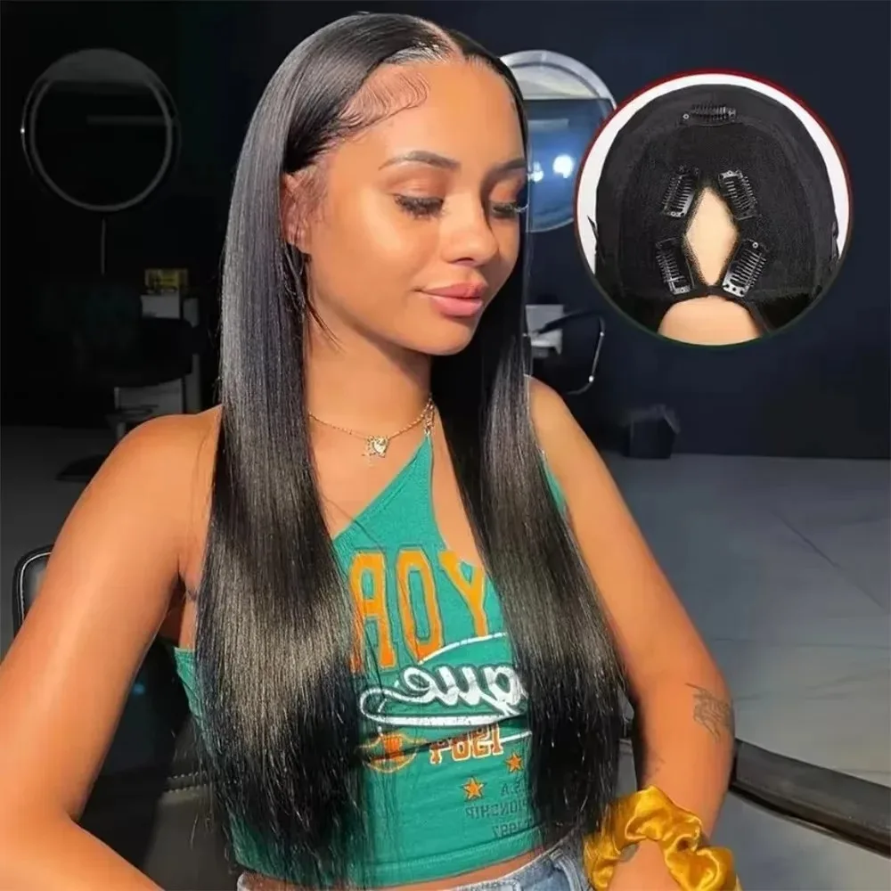 V Part Wigs Human Hair Brazilian straight Human Hair Wigs No Leave Out No Sew Glueless 200 Density Natural Black Wig For Women