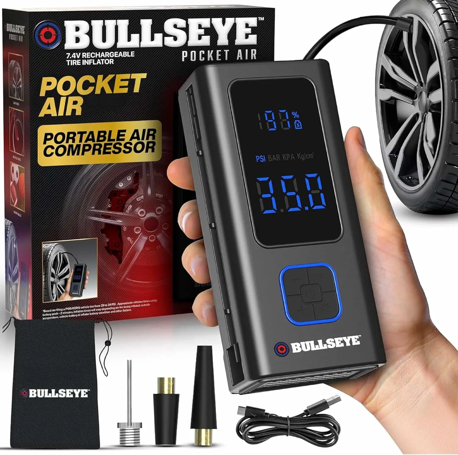 

Bullseye Pro Pocket Air Tire Inflator, Portable 4000mAh Rechargeable Air Compressor, 100 PSI, Auto Shut Off, Fast Inflation in 2