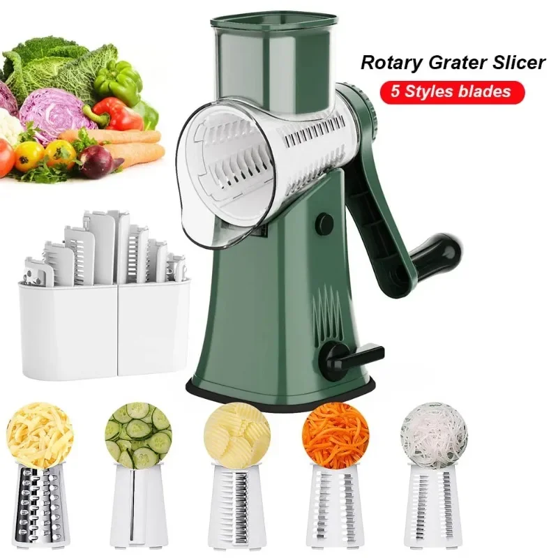 

Manual Rotary Cheese Grater Grinder- 5 Interchangeable Blades Mandoline Vegetable Slicer Drum Shredder with Strong Suction Base