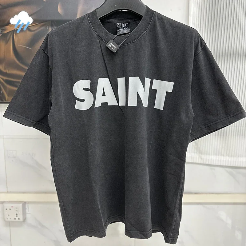 T-shirt unisexe 25SS vintage noir délavé 100 % coton, style décontracté, avec logo imprimé lettres classiques, coupe oversize