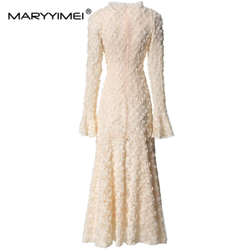 MARYYIMEI Autumn and winter New Style fashionable Dress Women Square-Neck Flare Sleeved Appliques Button Elegant Dresses