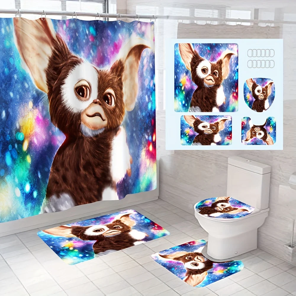 Cute animal print shower curtain set includes hooks, non-slip mat, toilet seat mat and U-shaped mat