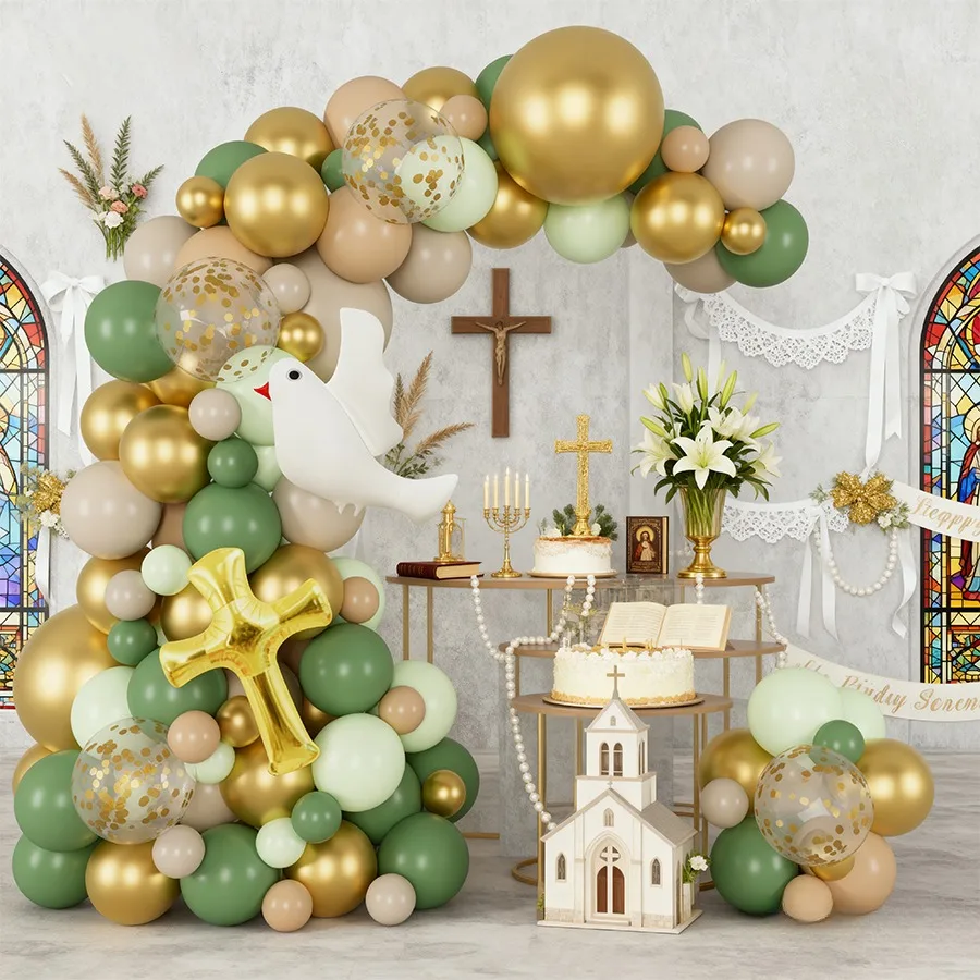 Conjunto de Balões para Festa com 107 Peças, Decoração Temática para Chá de Bebê e Oração, Balões Cruz Dourada, Balões Pomba Branca com Areia Branca, Balões Cor de Pele, Verde e Dourados, Ideal para Chás de Bebê, Orações e Celebrações de Casamento