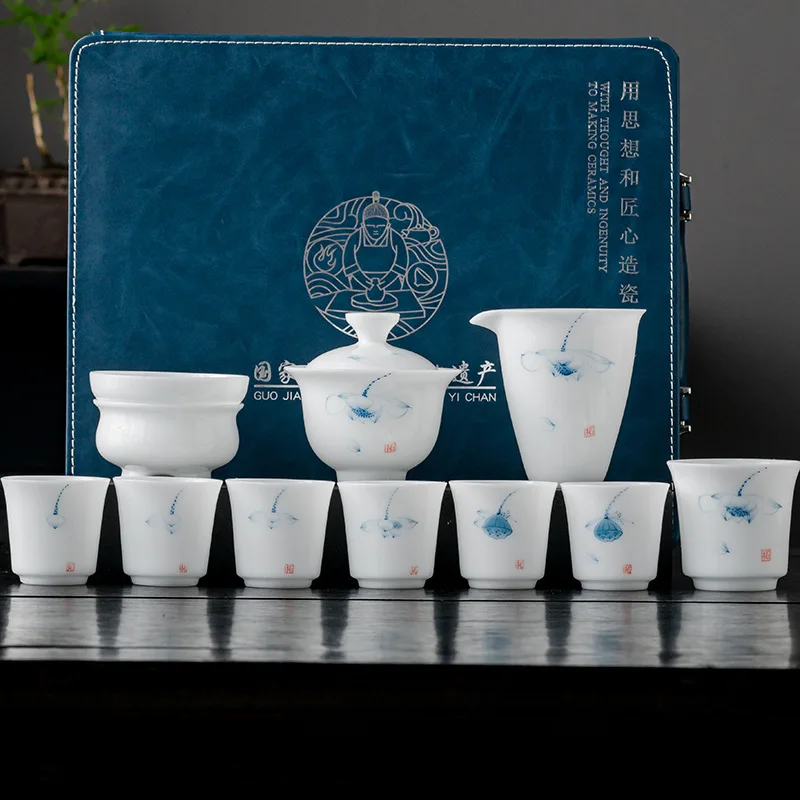 Hand-painted Ice Type Sheep Fat Jade Porcelain Three-Talent Covered Bowl Gongfu Tea Set Chinese White Dehua Ceramic National Tre