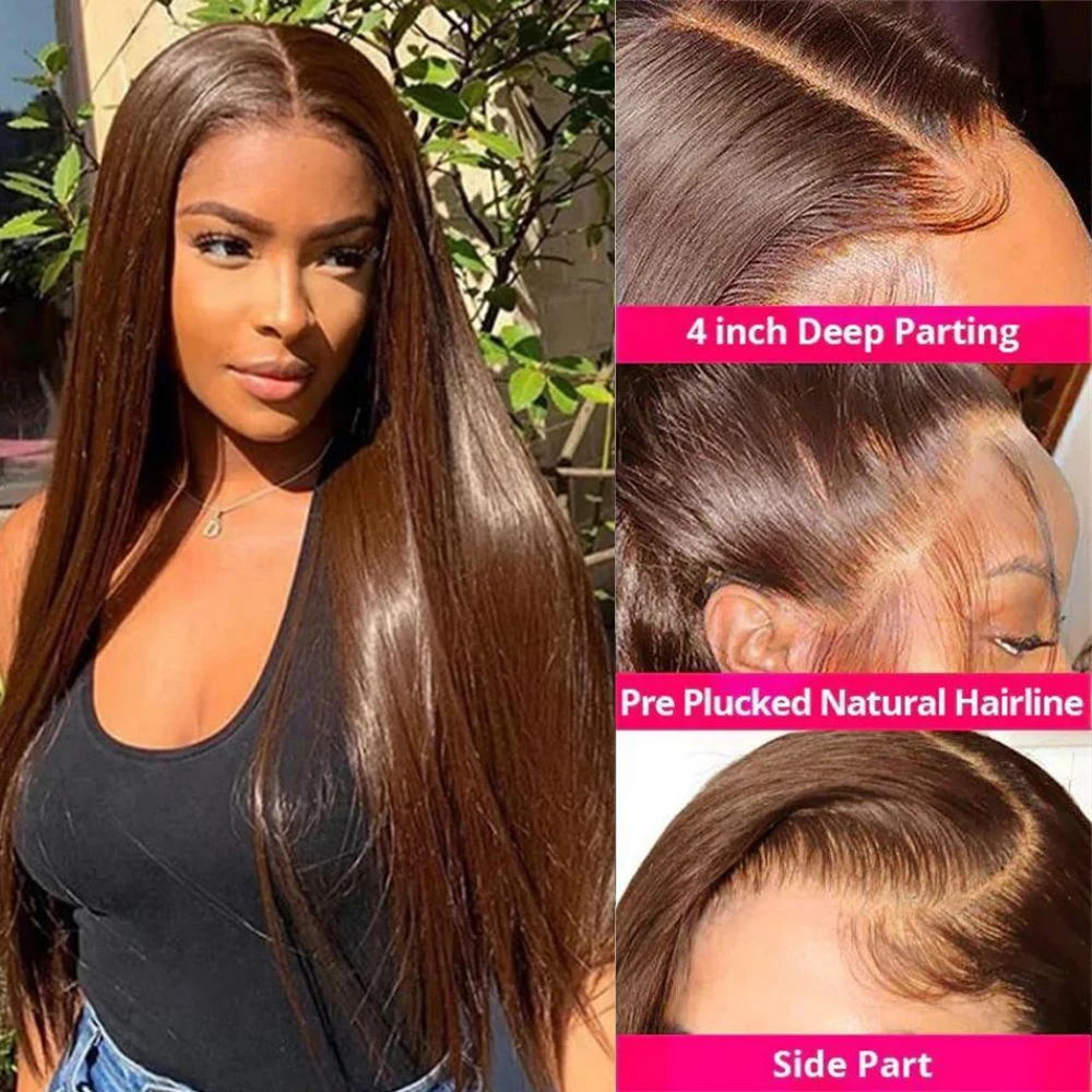 Human Hair Wigs Chocolate Brown Bone Straight 13x4 HD Lace Front Wig Brazilian Brown #4 Colored 13x6 Frontal Wig For Women image 2