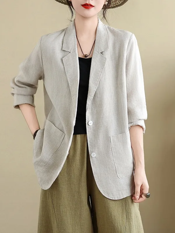

Casual Cotton Linen Long Sve Double ket Women's Suit Loose Fit Autumn Outerwear for plus Size Faion Commute Sle