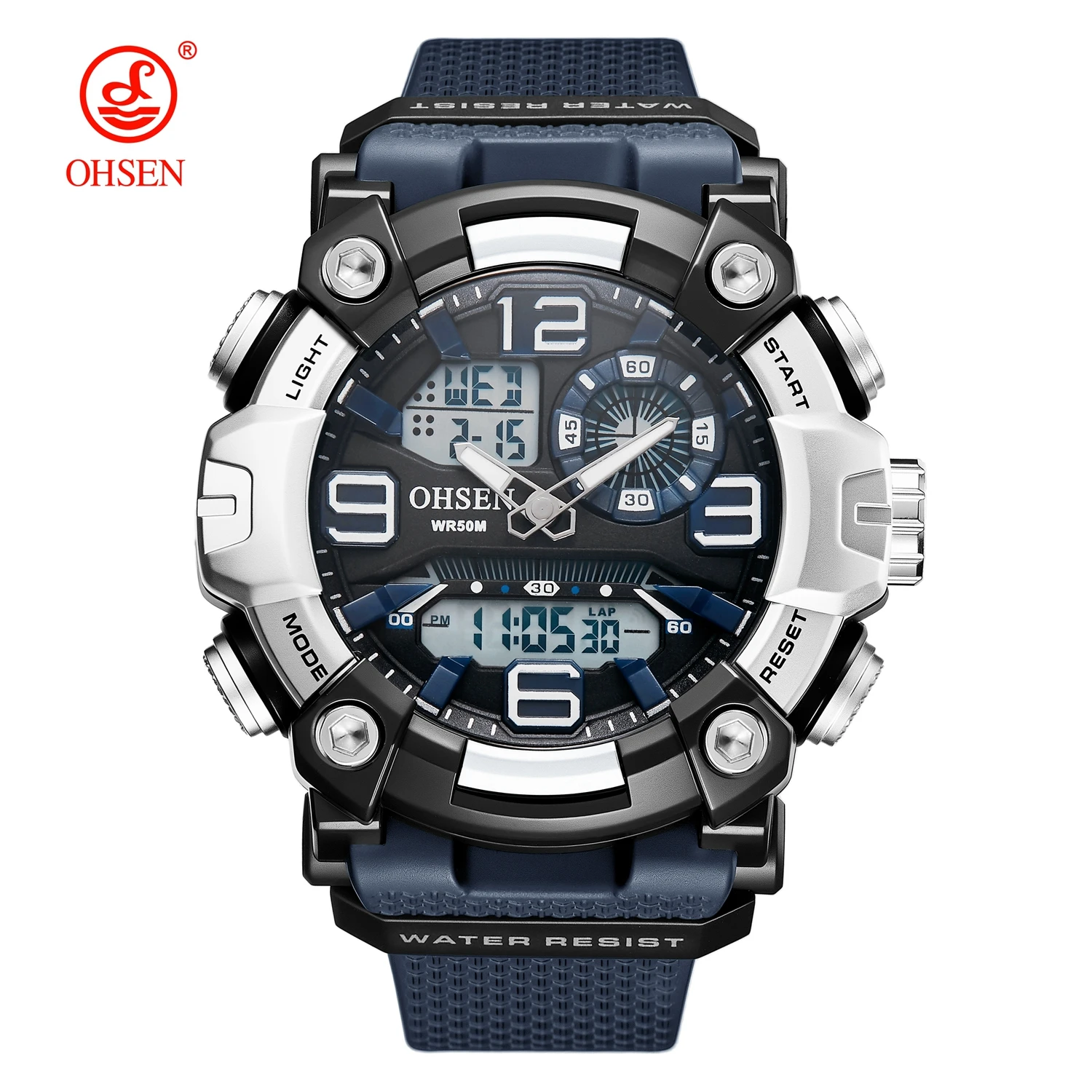 

Мужские цифровые спортивные часы с двойным временем, синие военные кварцевые наручные часы с большим циферблатом, уличные водонепроницаемые тактические мужские часы