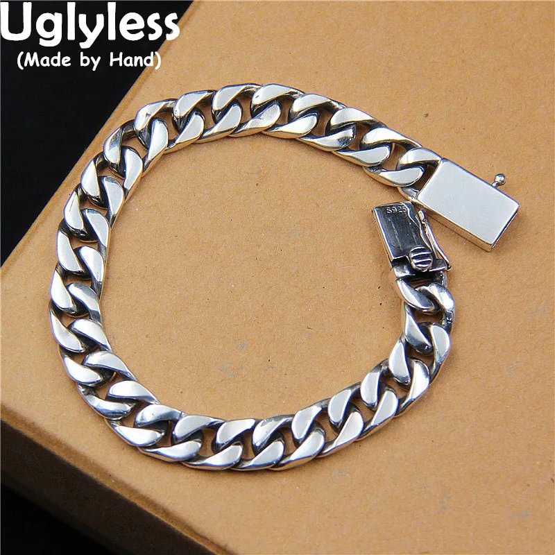 

Uglyless Wide Cross Link Chains Bracelets for Men Cool Guys Simple Fashion Jewelry Flat Square Real 925 Sterling Silver Bangles