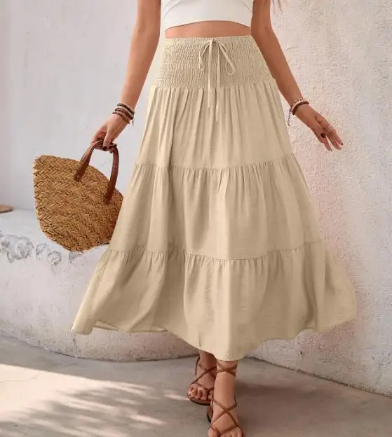 

Summer 2025 Casual Long Skirt Vacation Style Elastic Waist Solid Color Drawstring Skirt for Women