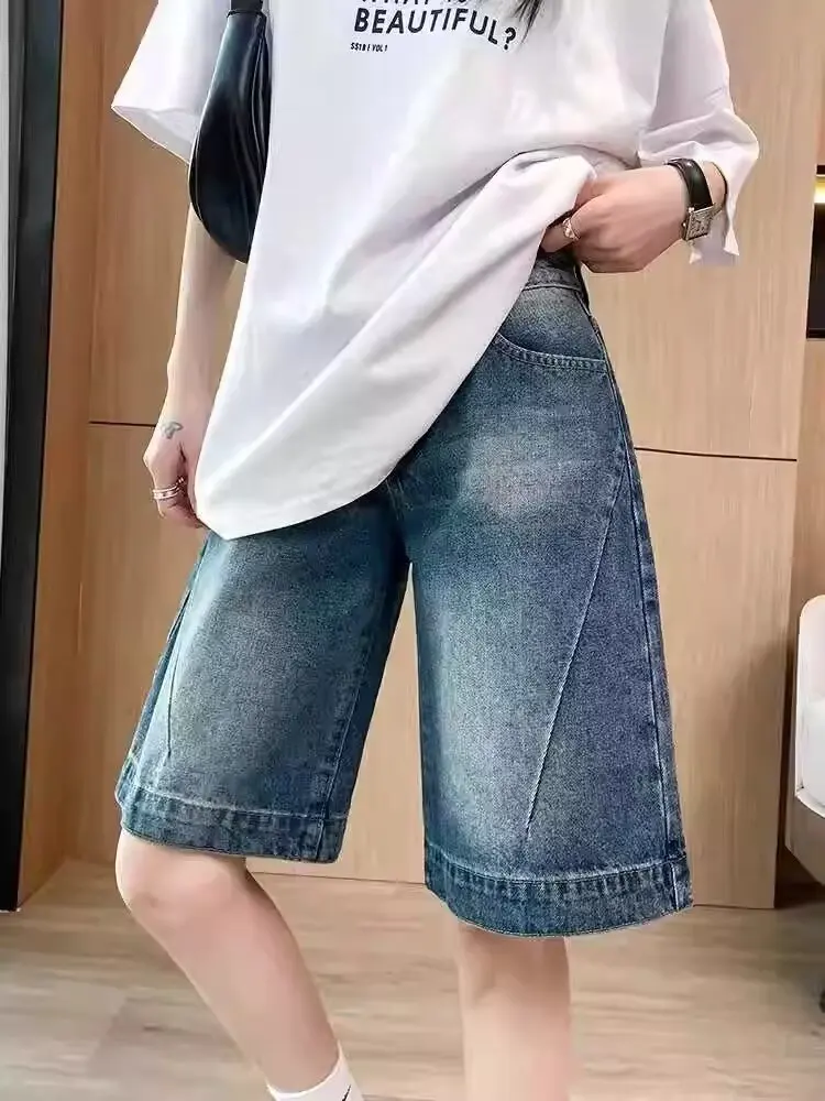 

Summer Women's Denim Shorts Straight Leg American Style Retro Washed High Street Wide Leg Blue Casual Versatile Cropped Jeans