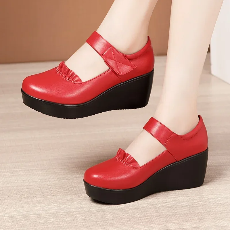 

6cm Small Size 32-43 Comfortable Med Heels Pumps Soft Leather Mary Janes Women's Platform Wedges Shoes for Office Mom Dance W157