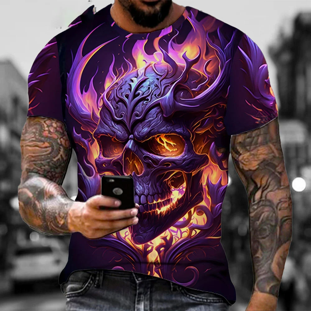 Men\'s Horror Skull Print T-Shirt 3D Print Vintage O-Neck Short Sleeve Fashion Oversized T-Shirts Men\'s Summer Street Clothing