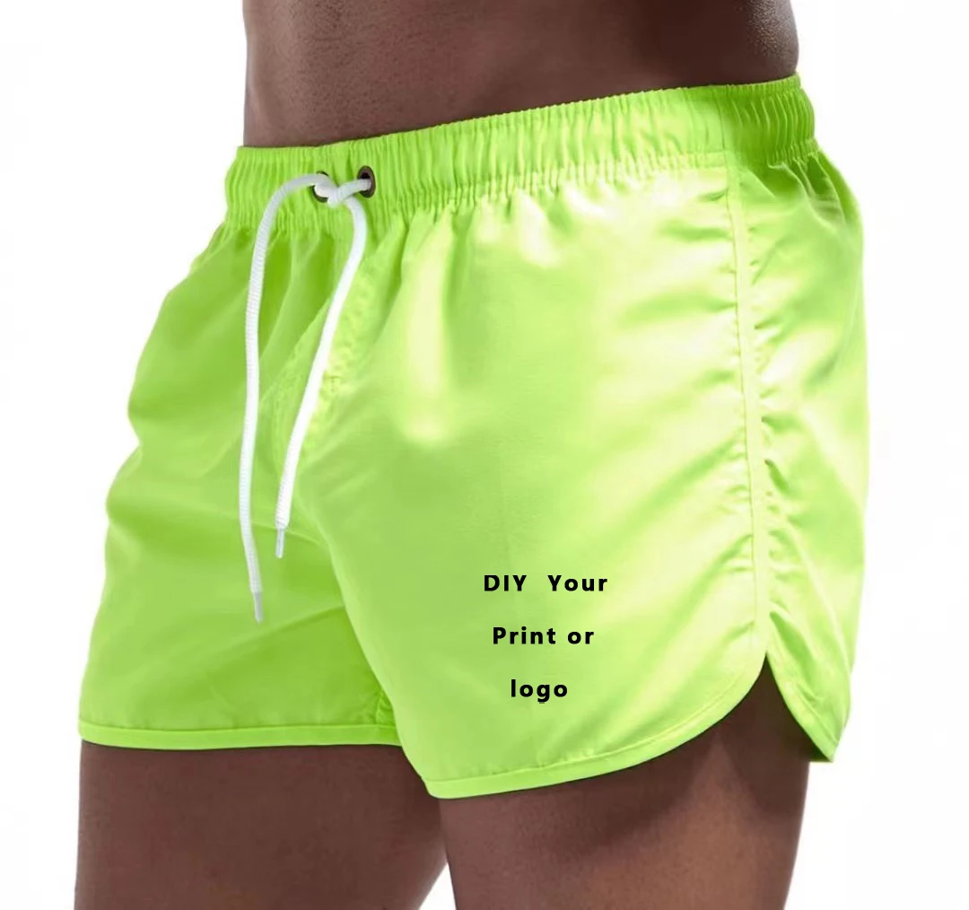 Custom Logo Men\'s Swim Trunks Beach Shorts Drawstring with Mesh Lining Elastic Waist Plain Breathable Soft Casual Shorts