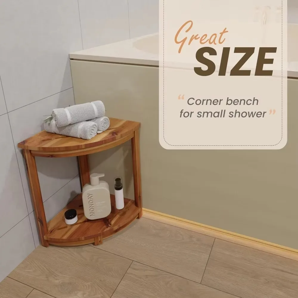 Wooden corner shower stool and corner shower stool with storage rack, shaving footrest, suitable for indoor or outdoor use