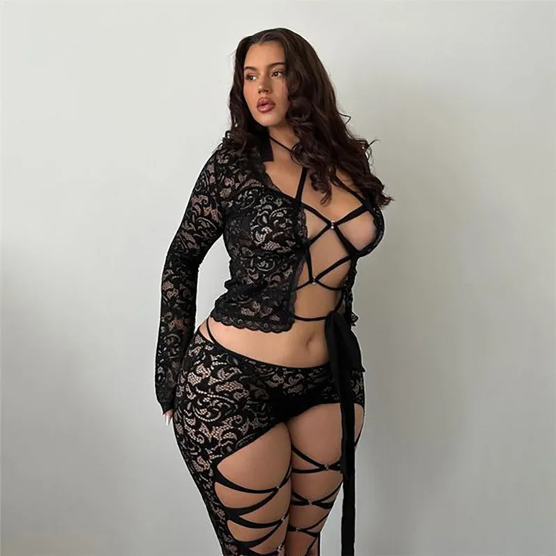 Women Sexy See Through Bandage Lace 2 Piece Set Hollow Out Long Sleeve Crop Tops Skinny Pants Party Clubwear Suits Streetwear