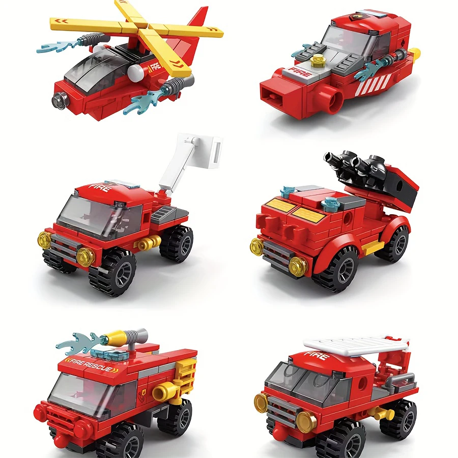 Red robot building blocks 6-in-1, red car, helicopter and ambulance building blocks. Gifts for children.
