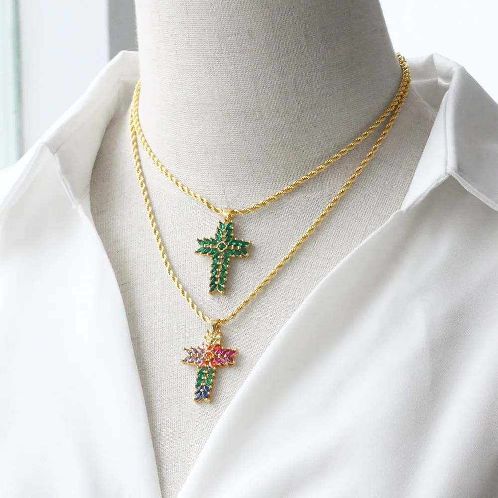 Chunky Multicolor Crystal Cross Necklaces for Women Rainbow Jewelry colar de cruz nkey40