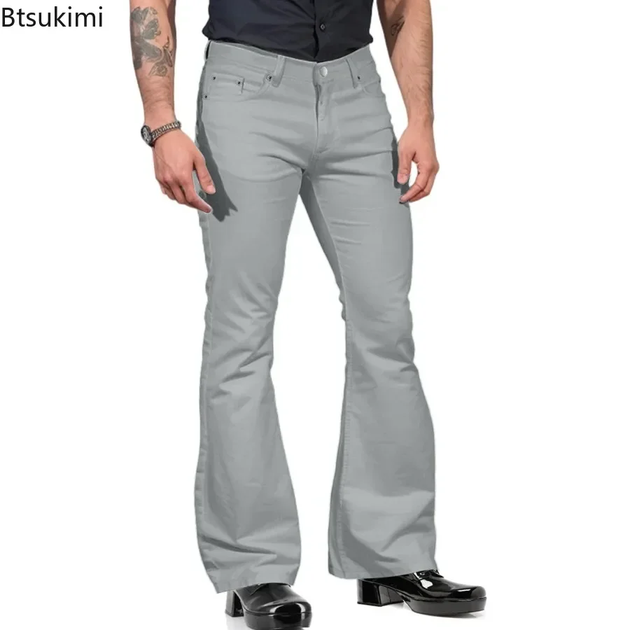 2025 Men's Solid Vintage Flare Pants Street Style Slim Casual Trousers Comfortable Mid Waist Cotton Long Pants Male Cargo Pants