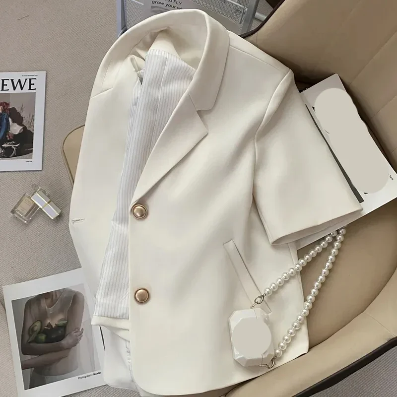 

Xpqbb Korean Style Short Sleeve Blazer Women Summer Fashion Single-Button Cropped Jacket Ladies Simple Casual Office Suit Coat