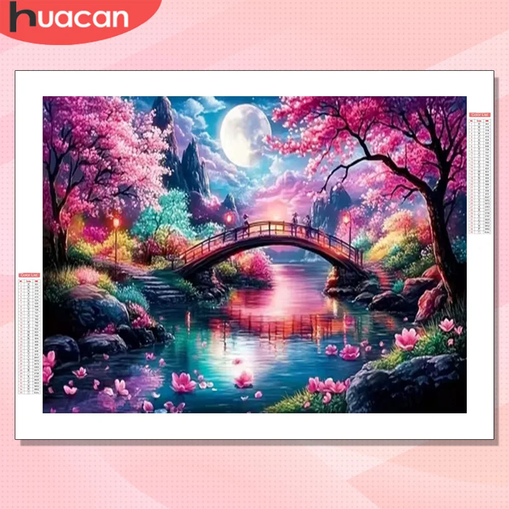Huacan Diamant-Mosaik-Set, Naturlandschaft, Kirschblüte, Diamant-Gemälde, Brücke, Baum, Kunst, Handwerk, Heimdekoration, modern