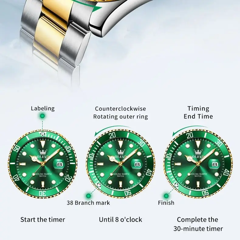 ساعة OLEVS 5885 للرجال فاخرة أصلية للغوص كوارتز ستانلس ستيل مقاومة للماء ضوء ليلي تاريخ ساعة ماركة رياضية
