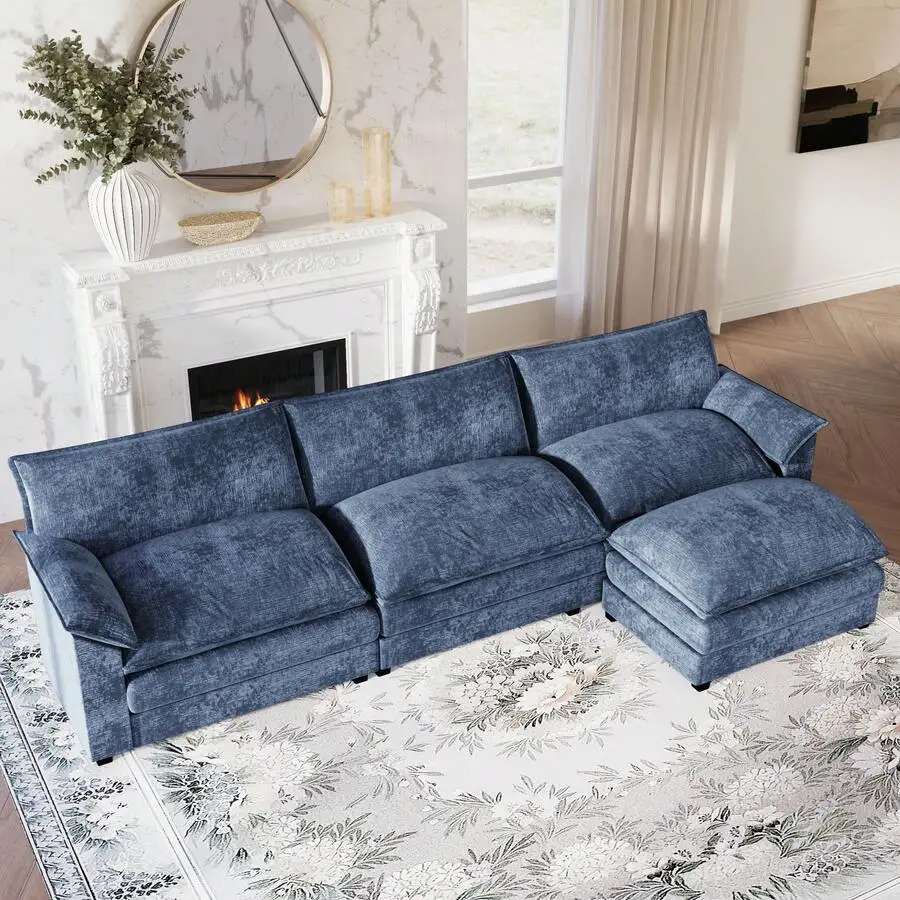 L-Shaped Modular Sofa In Chenille Fabric (3 Boxes), Four-Seater Modular Sofa, Comfortable For Living Room/Bedroom/Apartment