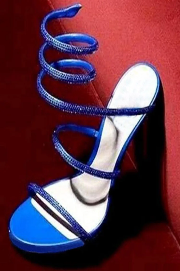 Ink green blue Rhinestone snake-like Strap twined Sandals 8/10 cm High heels Woman Summer Cutout Crystal Wedding Shoes view 5