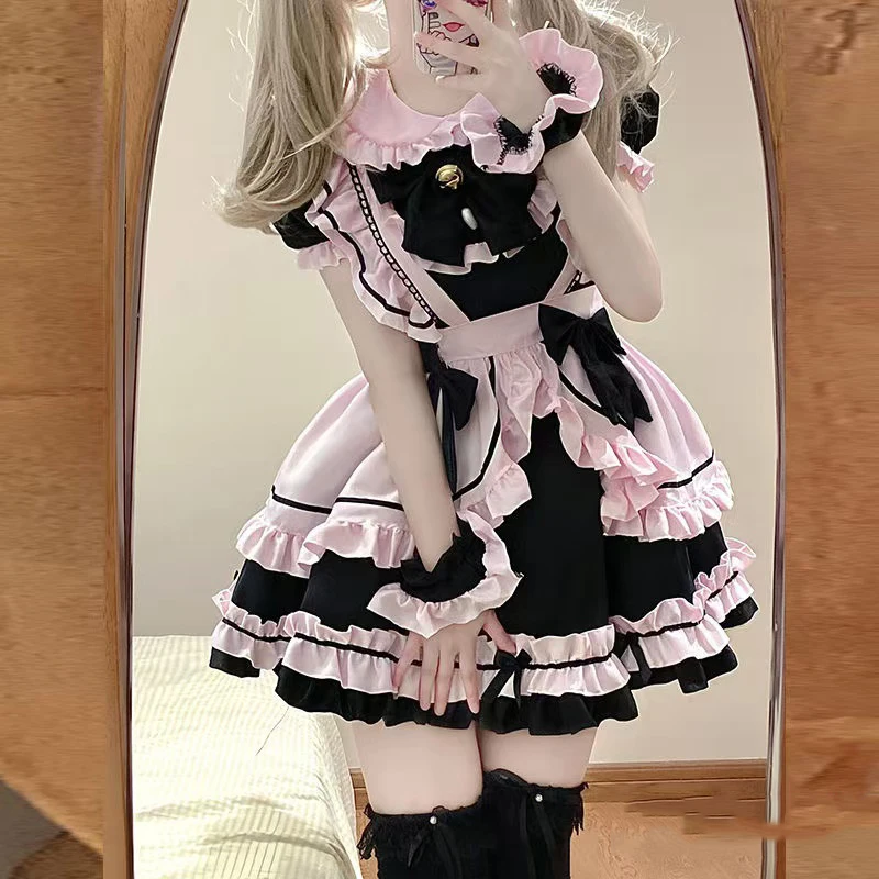 French Cute Black And Pink Lolita Dress Maid Outfit Cos Sweet Girly Cat Bow Suit Birthday Prom Dresses Girl Summer Dress Women