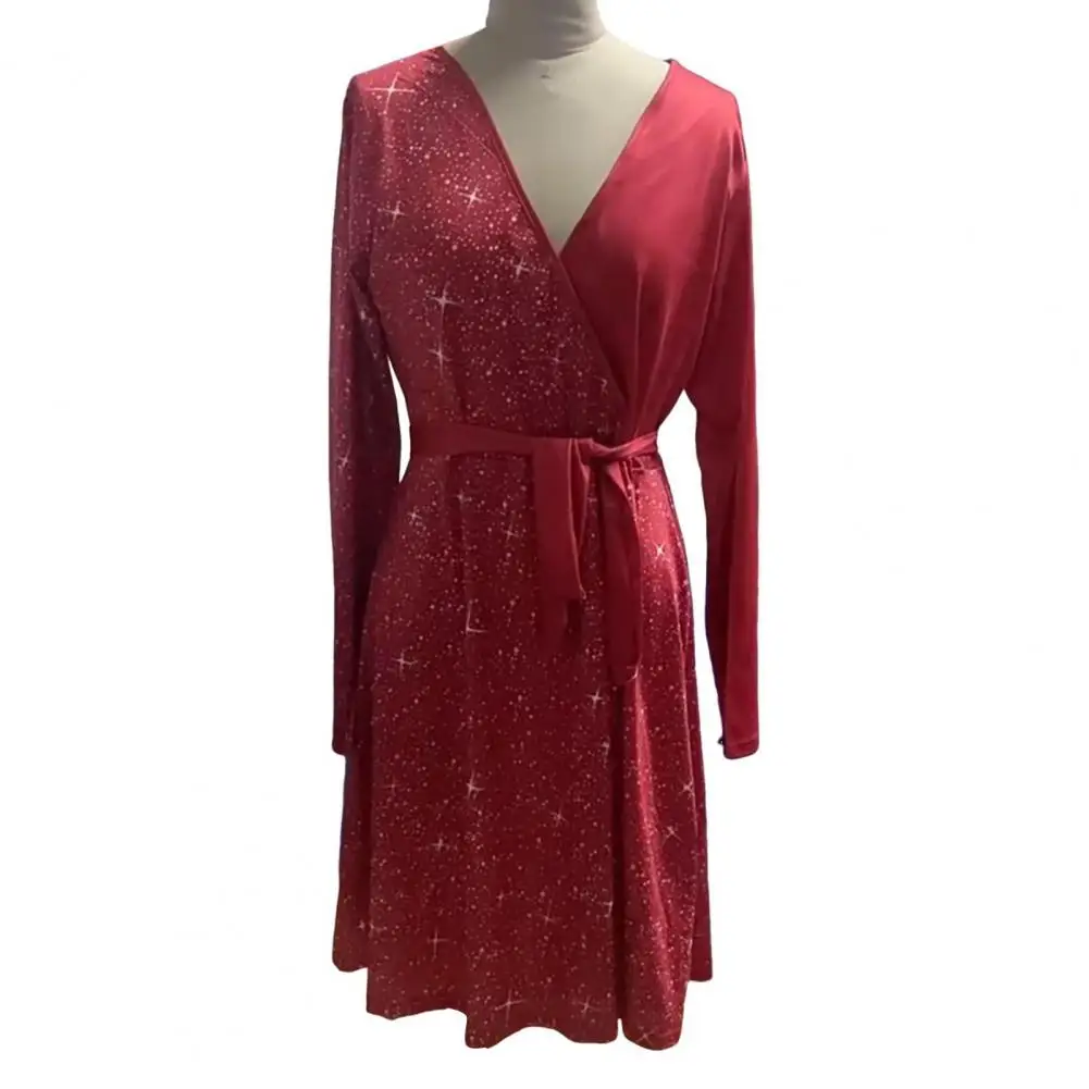 Automne printemps femmes robe col en V à lacets taille serrée paillettes décor a-ligne grand ourlet manches longues bal de promo Mini robe 자 ベルmenta