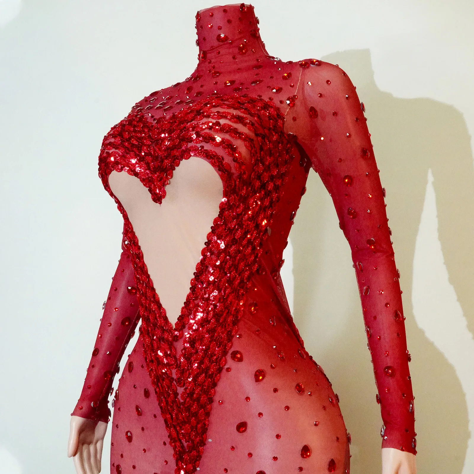 

Luxury Red Sequins Crystal Mesh Dress Sexy Birthday Prom Outfit Evening Party Stage Singer Costume NightClub Drag Queens Show