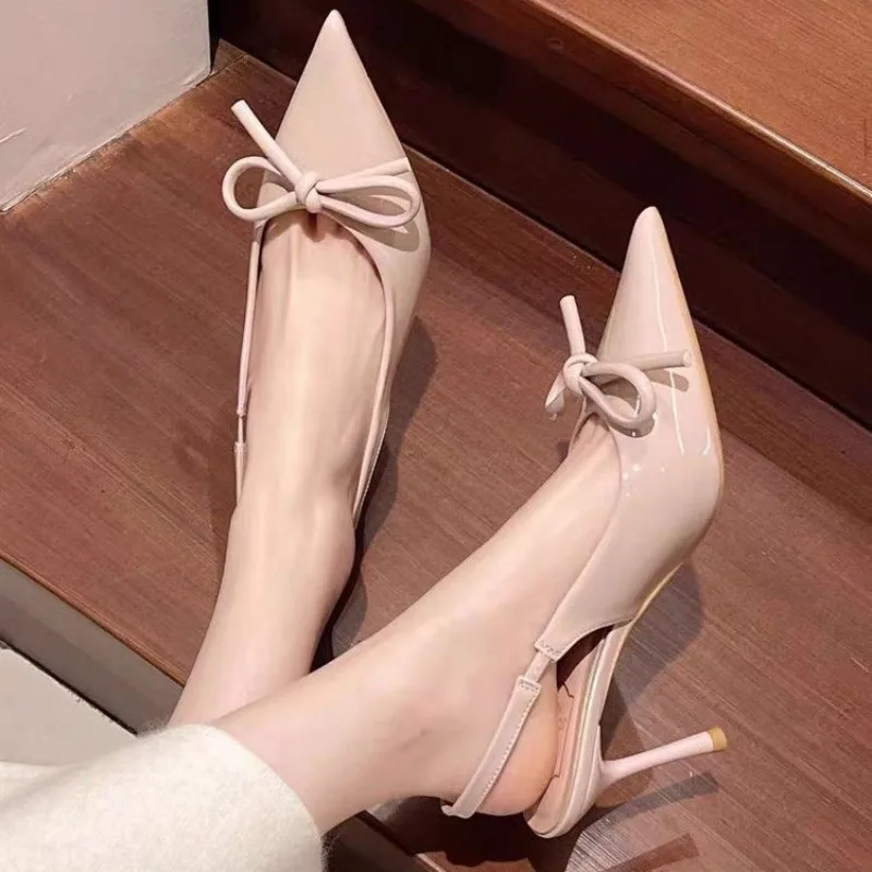 

Женские сандалии Baotou, осенние новые туфли с острым носком и бантом, женские нескользящие сандалии на высоком каблуке с неглубоким ремешком, Zapatos De Mujer