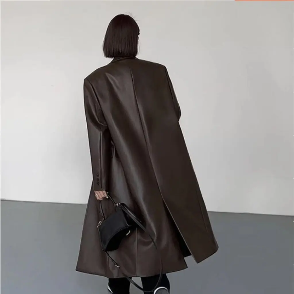 

Women's Black Mid-Length Leather Coat Spring Autumn Fashion Loose Over-The-Knee PU Leather Trendy Suit Coat
