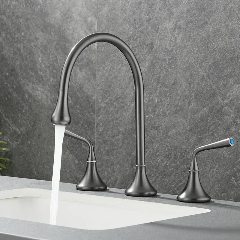 

New Basin Faucet Brass Bathroom Widespead Mixer Tap Gray Wash basin Lavotory Rotation Three Holes